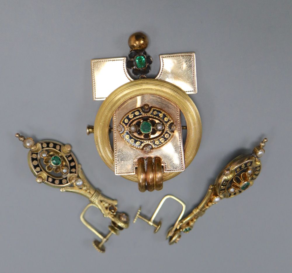 A Victorian yellow metal, black enamel, emerald and seed pearl set drop brooch and pair of matching ear clips,